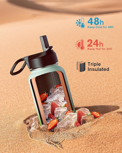 Water Bottle 40 oz Insulated with Straw&Brush, Coolflask Vaccum Stainless Steel Metal 3 Lids Water Flask for Sports, Gym or Office, Keep Cold 48H Hot 24H, Ombre Green