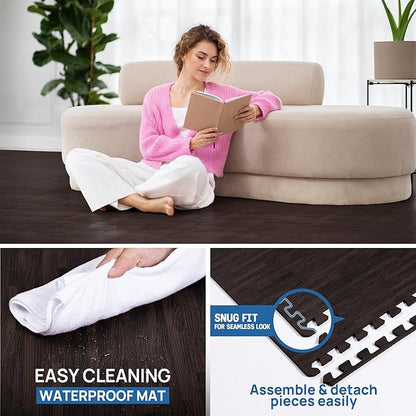 Yes4All 48SQ.FT Wood Grain Puzzle Exercise Mat Protective Flooring, EVA Interlocking Foam Floor Tiles with Border for Home