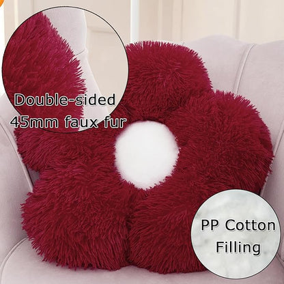 MorroMorn Flower Pillow Shaped Throw Pillows, 20" Floor Pillow Butt Cushion - Fluffy Shaggy Daisy Floral Decorative Pillows for Bed Couch Sofa Chair Cute Plush Faux Fur Room Decor (Dark Red)