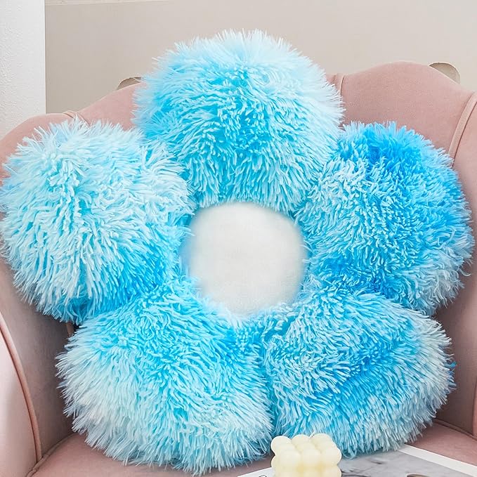 MorroMorn Flower Pillow Shaped Throw Pillows, 20" Floor Pillow Butt Cushion - Fluffy Shaggy Daisy Floral Decorative Pillows for Bed Couch Sofa Chair Cute Plush Faux Fur Room Decor (Aqua)