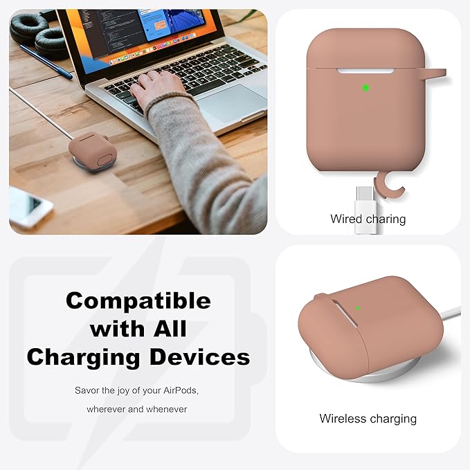 R-fun Compatible with AirPods Case Cover, Soft Silicone Protective Cover with Keychain for Women Men Compatible with Apple AirPods 2nd 1st Generation Charging Case, Front LED Visible,Milk Tea