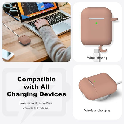 R-fun Compatible with AirPods Case Cover, Soft Silicone Protective Cover with Keychain for Women Men Compatible with Apple AirPods 2nd 1st Generation Charging Case, Front LED Visible,Milk Tea