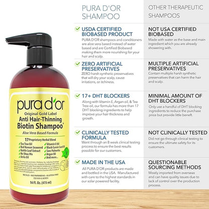 PURA D'OR Anti-Thinning Biotin Shampoo & Deep Moisturizing Conditioner Original Gold Label Set (16oz x2) Natural Earthy Scent, CLINICALLY TESTED Effective Results, Hair Thickening Product, Women & Men