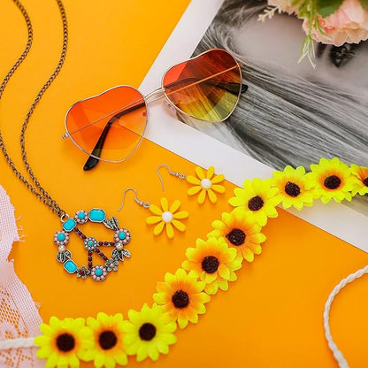 4 Pcs Hippie Costume Accessories Set 70s Peace Sign 60s Outfits for Women Necklace Daisy Earrings Flower Headband Sunglasses