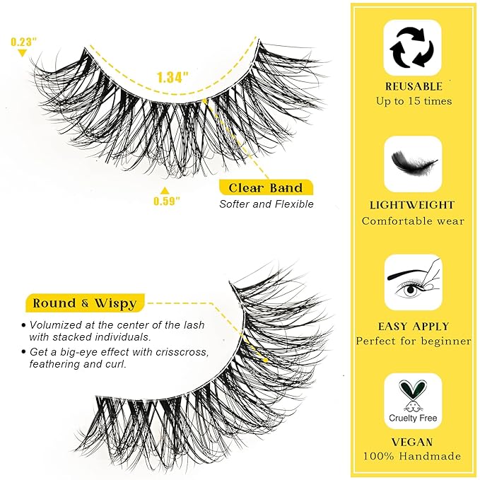 Mink Lashes Clear Band Natural Eyelashes 10 Pairs Reusable Fake Lash 6D Curl Short False Eyelash Small Volume Cluster Strip Lashes Wispy Eyelash Packs