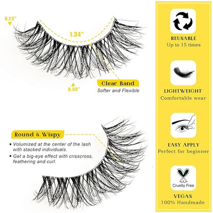 Mink Lashes Clear Band Natural Eyelashes 10 Pairs Reusable Fake Lash 6D Curl Short False Eyelash Small Volume Cluster Strip Lashes Wispy Eyelash Packs
