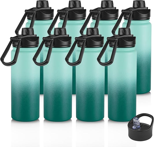 Gradient Green 8 Pack: 24oz Insulated Stainless Steel Metal Water Bottle with Straw & Wide Mouth Lid, Double Wall Vacuum Bottle for Hiking & Camping