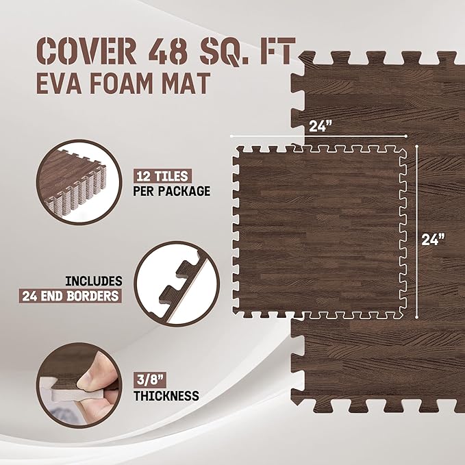 Yes4All 48SQ.FT Wood Grain Puzzle Exercise Mat Protective Flooring, EVA Interlocking Foam Floor Tiles with Border for Home