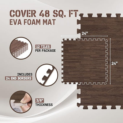 Yes4All 48SQ.FT Wood Grain Puzzle Exercise Mat Protective Flooring, EVA Interlocking Foam Floor Tiles with Border for Home