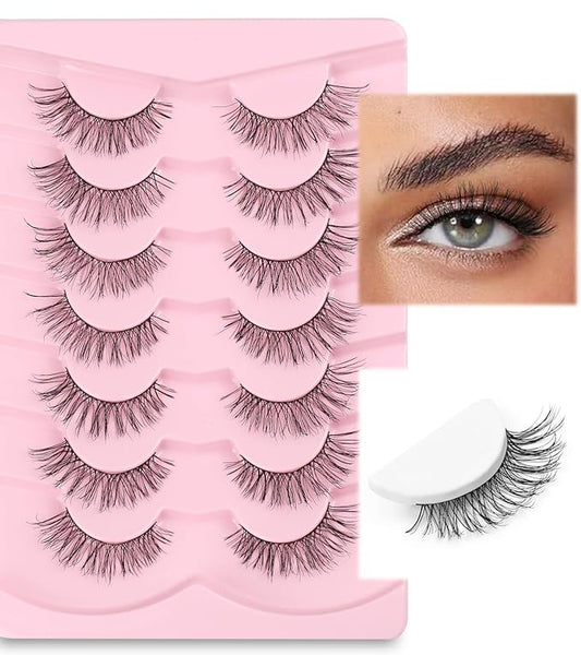 Natural Cat Eye Lashes, 13mm Wispy, Thin Memory Band, Volume, Soft Strip Lashes, Pack of 7