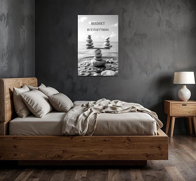 YIOZHAOFH Mindset Wall Art for Zen Office Inspirational Pictures Wall Decor Motivational Quotes Canvas Art Black and White Landscape Nature Print Poster Painting Framed for Meditation Spa Room Bedroom (16L x 24W)