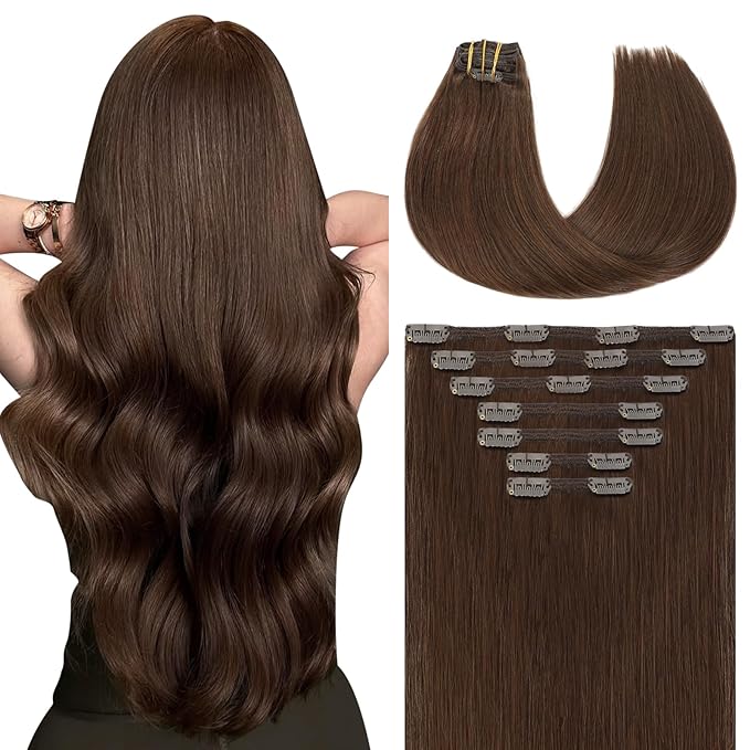 Youngsmile Clip in Human Hair Extensions, 22 Inch 160 Gram 7 Pcs, Color 4 Medium Brown, Remy Human Hair Extensions Silk Straight Clip in for Women Thick End (7C#4-22Inch)