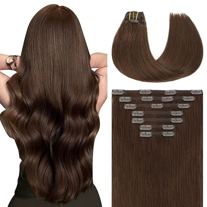 Youngsmile Clip in Human Hair Extensions, 22 Inch 160 Gram 7 Pcs, Color 4 Medium Brown, Remy Human Hair Extensions Silk Straight Clip in for Women Thick End (7C#4-22Inch)
