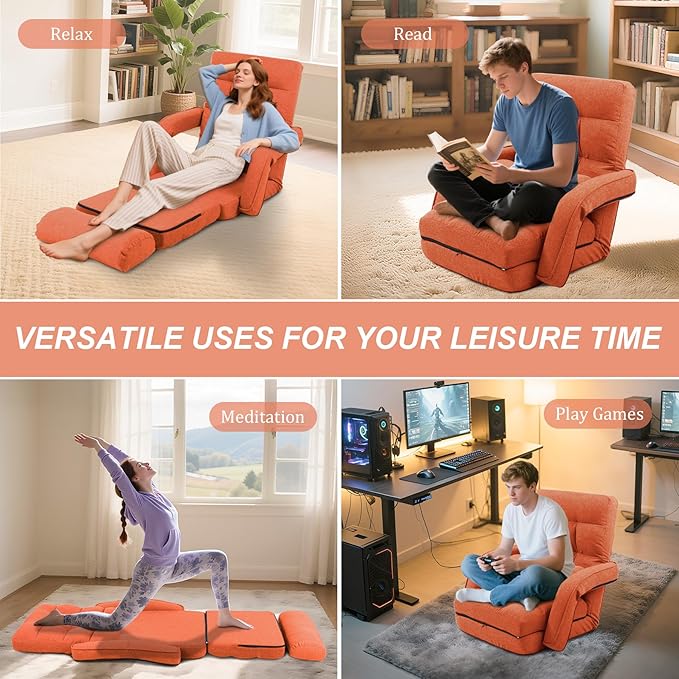 Adjustable Floor Chair for Adults with Back Suppor,5-Position Folding Lazy Sofa with Pillow, Gaming & Meditation Chair with Breathable Fabric - for Living Room, Bedroom, Office,Balcony (Orange)
