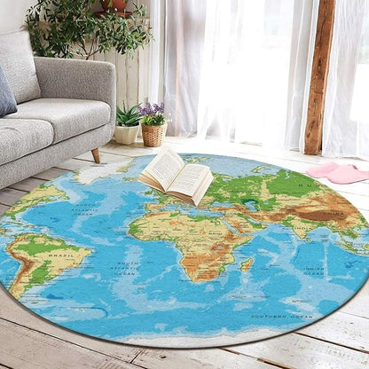 Soft Round Yoga Carpet, Large Home Decor Mat, Non-Slip Machine Washable Kitchen Office Circle Rug Compatible with World Map