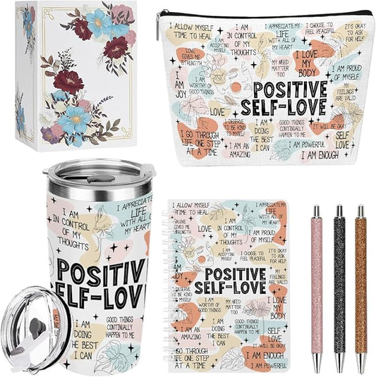 Positive Affirmations Self Love Mental Health Gifts Inspirational Gifts for Women Mom Bestie Coworker Birthday Friendship Appreciation Christmas , 6PCS 20oz Tumbler Makeup Bag Ballpoint Pen Notebook