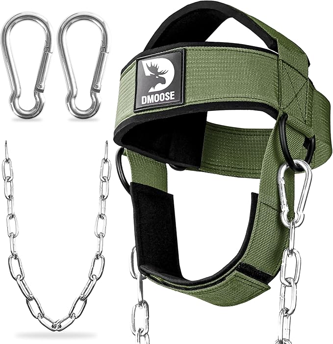 DMoose Fitness Neck Harness for Weight Lifting - Soft Padded Head & Chin Strap with 30" Heavy Duty Steel Chain - Neck Exerciser, Trainer & Strengthener to Support Injury Recovery and Intense Workouts
