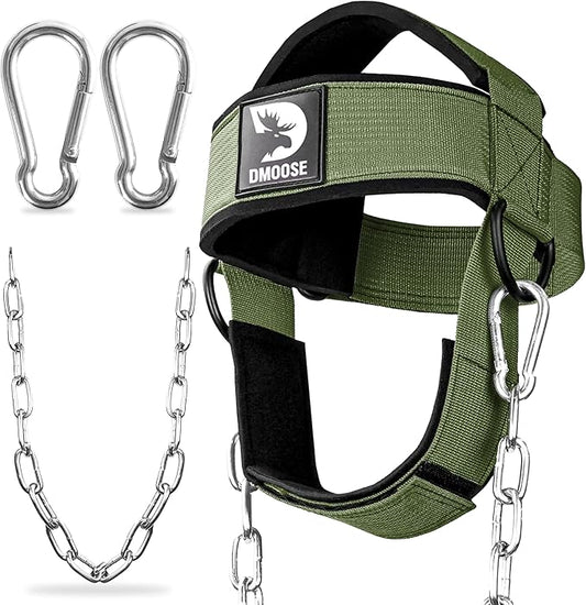 DMoose Fitness Neck Harness for Weight Lifting - Soft Padded Head & Chin Strap with 30" Heavy Duty Steel Chain - Neck Exerciser, Trainer & Strengthener to Support Injury Recovery and Intense Workouts