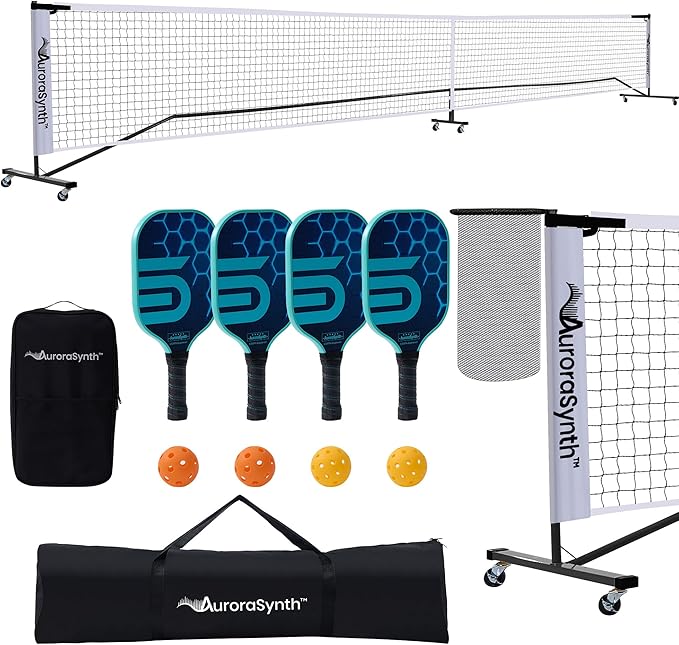 AuroraSynth Portable Pickleball Net Set with Wheels, 22 x 3ft Regulation Size Pickle Ball Net with Ball Collector, 4 Pickle Balls, 4 Pickleball Paddles, Carry Bag for Backyards, Driveway, Garage
