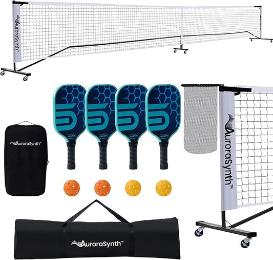 AuroraSynth Portable Pickleball Net Set with Wheels, 22 x 3ft Regulation Size Pickle Ball Net with Ball Collector, 4 Pickle Balls, 4 Pickleball Paddles, Carry Bag for Backyards, Driveway, Garage