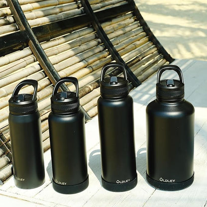 OLDLEY 64 oz Insulated Water Bottle With Straw, Stainless Steel Sports Water Cup Flask with 3 Lids(Straw, Spout and Handle Lid) Double Walled Travel Thermal Canteen Mug,Black