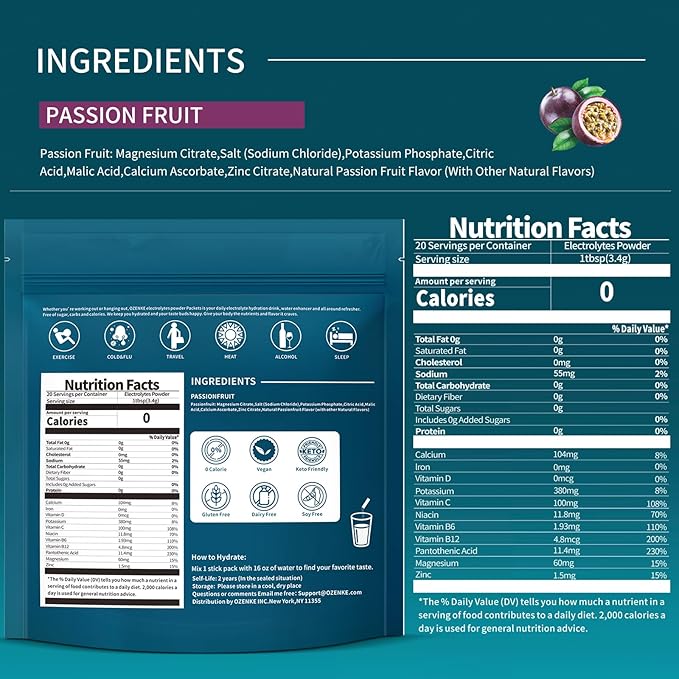 Electrolytes Powder Packets, Hydration Packets, Electrolytes Sugar Free, Portable Electrolyte Drink Mix for Rapid Hydration, No Sugar & Low Sodium | 0 Calorie | Passion Fruit Flavor | 20 Sticks