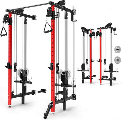 Folding Power Rack, Wall Mounted Squat Rack with Dual Independent Pulley System, Multi-Function Power Cage with 5 Adjustable Function Modes, Power Rack Trainer for Space Saving Home Gym