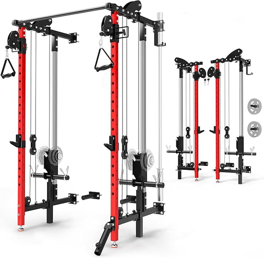 Folding Power Rack, Wall Mounted Squat Rack with Dual Independent Pulley System, Multi-Function Power Cage with 5 Adjustable Function Modes, Power Rack Trainer for Space Saving Home Gym