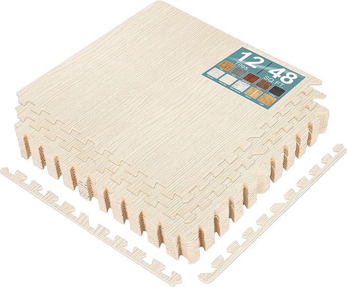 Sorbus Wood Grain Floor Tiles Foam Mat EVA Interlocking Mats Tile 3/8-Inch Thick Flooring Wood Puzzle Exercise Mats w/Borders - Home Playroom Basement, Apartment, Trade Show, Baby, Dance