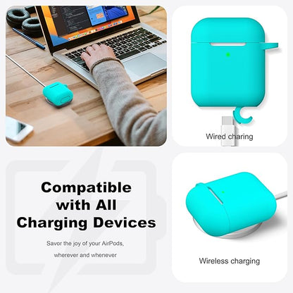 R-fun Compatible with AirPods Case Cover, Soft Silicone Protective Cover with Keychain for Women Men Compatible with Apple AirPods 2nd 1st Generation Charging Case, Front LED Visible,Teal