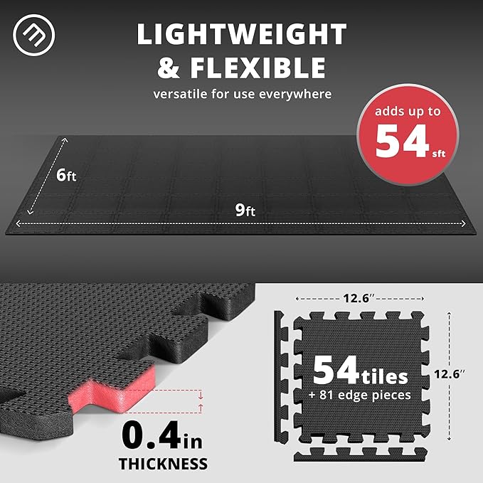 bemaxx Gym Mats Set - 54 pcs EVA Interlocking Foam Floor Tiles (12.6"x12.6"x0.4") 54sqft Protective Gym Flooring Sports Home Workout Exercise Mats Puzzle Garage Fitness Play-Room Garage Pool Treadmill