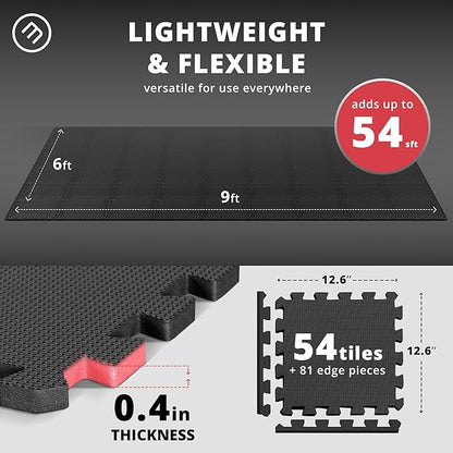 bemaxx Gym Mats Set - 54 pcs EVA Interlocking Foam Floor Tiles (12.6"x12.6"x0.4") 54sqft Protective Gym Flooring Sports Home Workout Exercise Mats Puzzle Garage Fitness Play-Room Garage Pool Treadmill