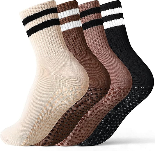 Jeyiour 4 Pairs Womens Pilates Socks with Grip Long Non Slip Yoga Crew Socks for Barre Hospital Home Workout