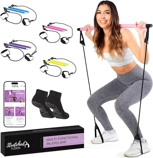 Pilates Bar Kit for Home Workouts | Portable Home Pilates Kit Set for Women & Men | Workout Bar for Legs, Hip, Waist and Arm | Includes Pilates Socks, 30-Day Challenge & Meal Plan