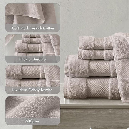 Madison Park Turkish 100% Cotton 600Gsm Luxury Premium Thick Soft Absorbent Hotel Bathroom Towel Set Shower Hand Face Washcloths, Assorted Sizes, Taupe 6 Piece