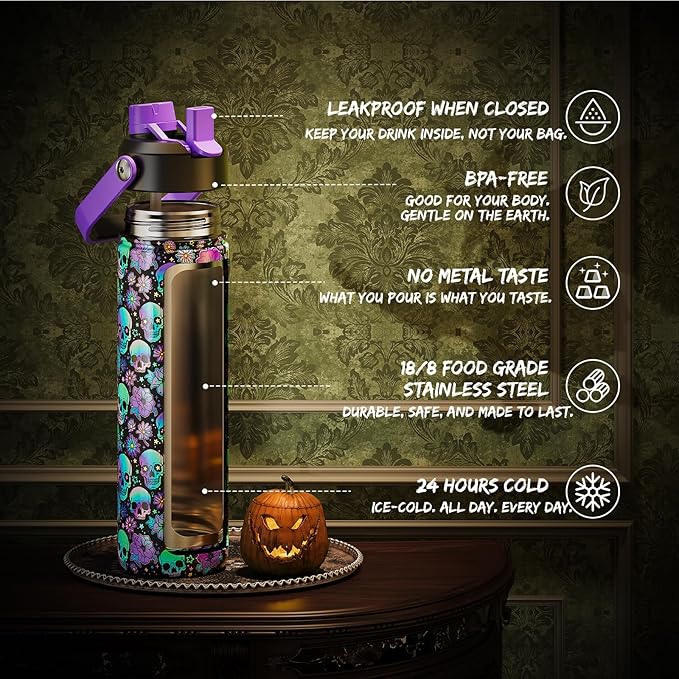 Halloween Insulated Water Bottle with Straw, Stainless Steel Water Bottle, Leak Proof BPA-Free, Keeps Cold for 24 Hours for Sports, Skull Spooky Holiday Gifts (26 oz, Floral Afterlife)
