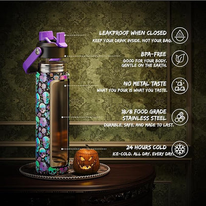 Halloween Insulated Water Bottle with Straw, Stainless Steel Water Bottle, Leak Proof BPA-Free, Keeps Cold for 24 Hours for Sports, Skull Spooky Holiday Gifts (26 oz, Floral Afterlife)