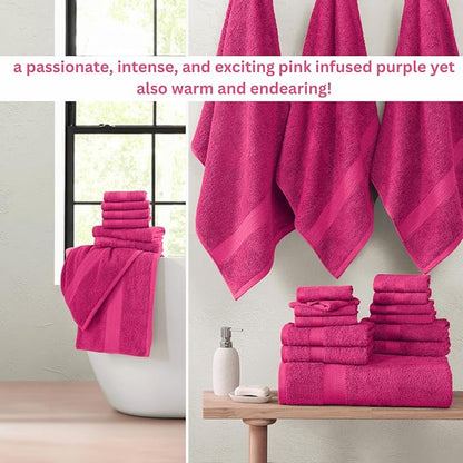 LANE LINEN 100% Cotton Bathroom Towels Set - 24 Pc - Ringspun - Plush, Quick Dry, Soft & Absorbent - 2 Bath Sheets, 4 Bath, 6 Hand Towels, 8 Washcloths, 4 Fingertip - Ideal for Daily Use- Fuchsia