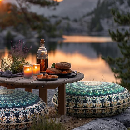Codi Meditation Floor Pillow Set of 2, Round Large Pillows Seating for Adults, Bohemian Mandala Circle Cushions for Outdoor Fireplace Yoga Living Room, 32 Inch, Memory Foam Added, Green