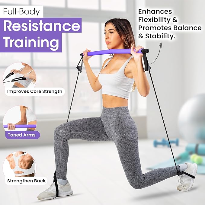 Pilates Bar Kit for Home Workouts | Portable Home Pilates Kit Set for Women & Men | Workout Bar for Legs, Hip, Waist and Arm | Includes Pilates Socks, 30-Day Challenge & Meal Plan