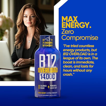 B12 Overload Extra Strength Energy Shot – Mixed Berry – 260mg Caffeine, 14000% B12, Electrolytes – Energy & Vitality Support – Zero Sugar No Calories – Vegan, Kosher, Gluten-Free – 1.93 fl oz, 12-Pack
