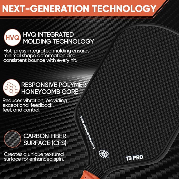 Pickleball Paddle - 3K Raw Carbon Fiber Surface (CFS) + Carbon Abrasion Surface (CAS) with High Grit & Spin, Sure-Grip Elongated Handle, Pickle Ball Paddle with 16mm Polypropylene Honeycomb Core