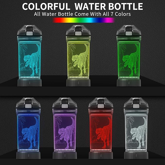 Lightzz Dinosaur Water Bottle, Dinosaur Toys for Kids 5-7 8-12 with 3D Glowing Light, 14 OZ Tritan BPA Free Cup, Dinosaur Gifts for Boys School Kid Child Holiday Camping Picnic