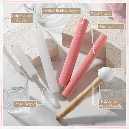 Nuanchu 5 Pcs Crystal Singing Bowl Mallet Set Includes Sheepskin Solid and Hollow Sound Sticks Singing Bowl Rubber Mallet with Wood Handle Clear Acrylic Striker for Playing (Pink)