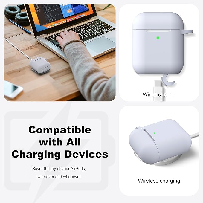 R-fun Compatible with AirPods Case Cover, Soft Silicone Protective Cover with Keychain for Women Men Compatible with Apple AirPods 2nd 1st Generation Charging Case, Front LED Visible,Pebble