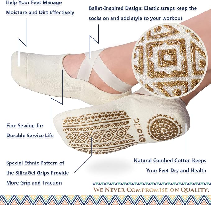 Ozaiic Yoga Socks for Women Non-Slip Grips & Straps, Ideal for Pilates, Pure Barre, Ballet, Dance, Barefoot Workout