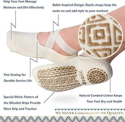 Ozaiic Yoga Socks for Women Non-Slip Grips & Straps, Ideal for Pilates, Pure Barre, Ballet, Dance, Barefoot Workout