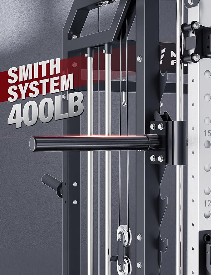 Major Fitness Smith△ Machine Drone2 Premium, All-in-One Home Gym Squat Rack with Aluminum Pulley Set , Weight Bar, Dual LAT Pull-Down Systems & Cable Crossover Machine for Full-Body Workouts