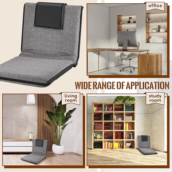 2 Pcs Adjustable Floor Chair with Back Support, Padded Seat, Portable, Meditation Cushion, Fully Folding Backrest for Adult, Kid, Gaming - Linen Washable Cover, Nylon Bottom (Gray, Black)