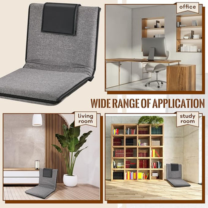 2 Pcs Adjustable Floor Chair with Back Support, Padded Seat, Portable, Meditation Cushion, Fully Folding Backrest for Adult, Kid, Gaming - Linen Washable Cover, Nylon Bottom (Gray, Black)